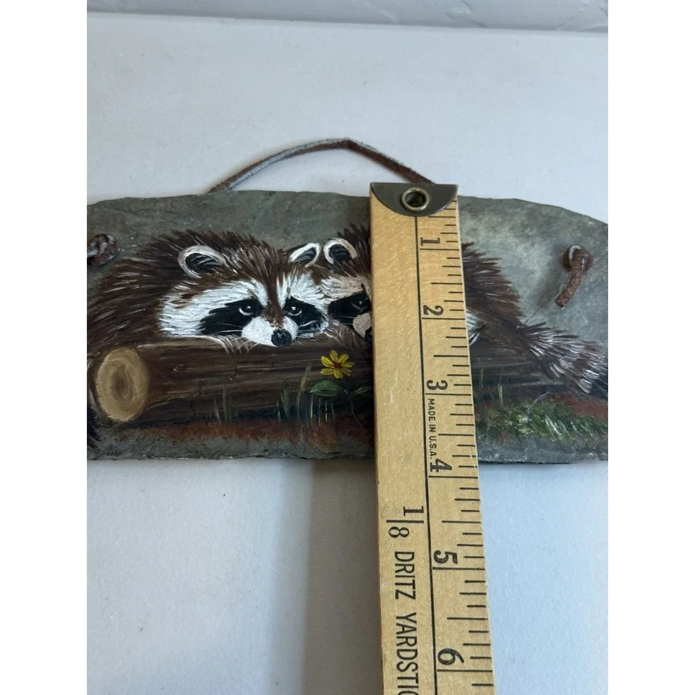 Vintage Mary Beth Alexander Raccoon Painted Slate Stone Wildlife Wall Art Plaque